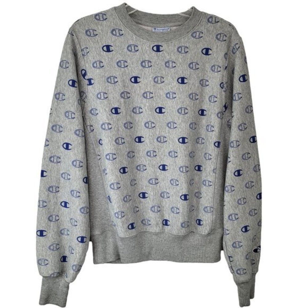 Champion Mens Reverse‎ Weave All Over Big C Logo Crew Sweatshirt Small Gray Blue